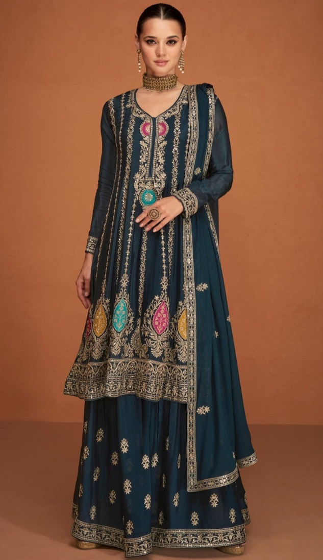 Blue Color Chinon Silk Embroidery Worked Salwar Kameez Palazzo Dupatta Dresses