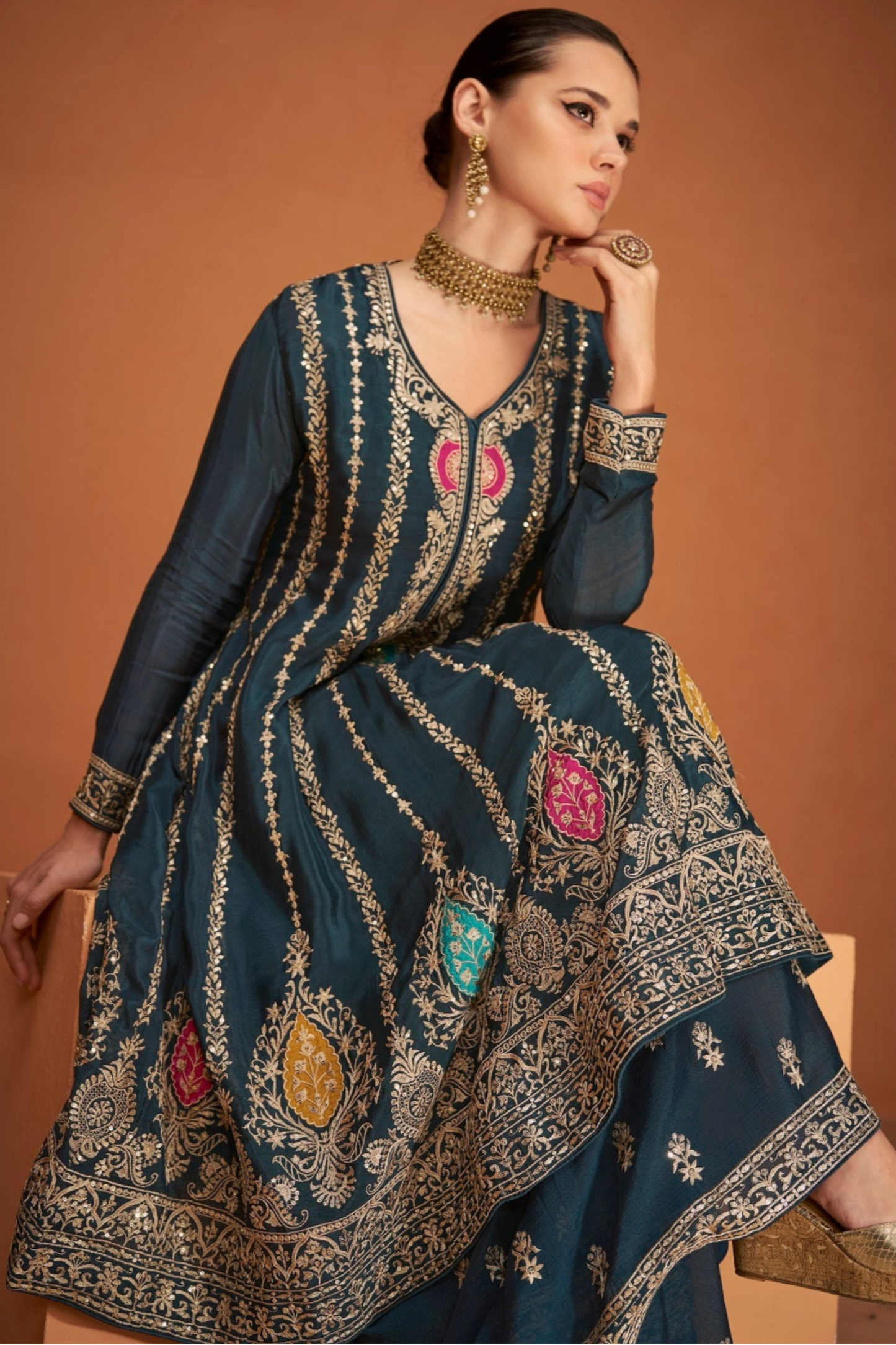 Blue Color Chinon Silk Embroidery Worked Salwar Kameez Palazzo Dupatta Dresses