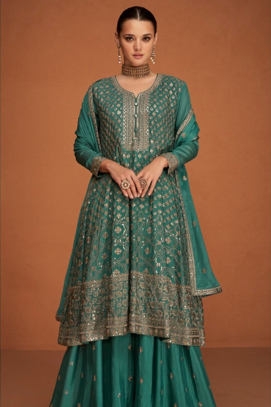 Green Color Embroidery Worked Ready to Wear Stitched Salwar Kameez Dupatta Suit