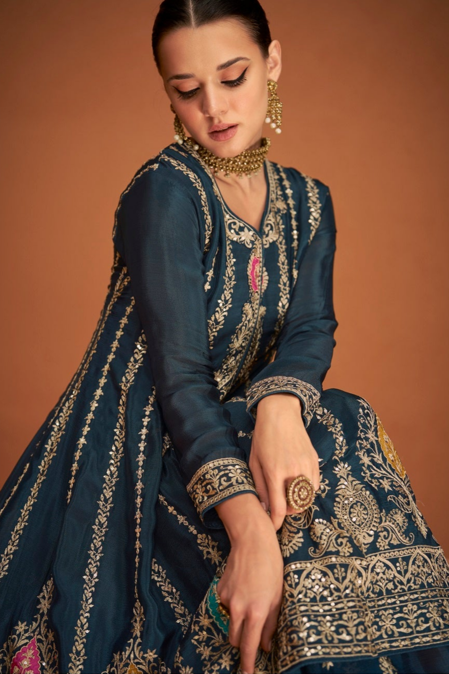 Blue Color Chinon Silk Embroidery Worked Salwar Kameez Palazzo Dupatta Dresses