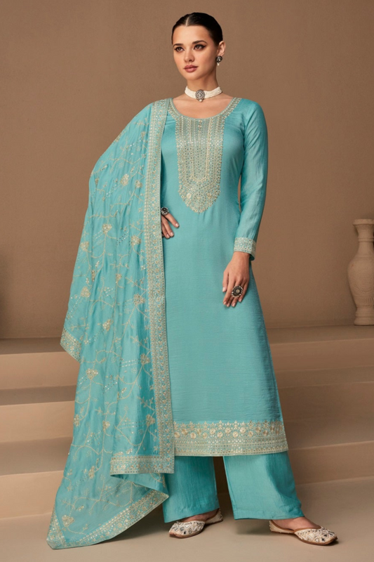 Blue Chinon Silk Salwar Kameez Pant Suit For Indian Pakisatni Weddings Thread Embroidery Work