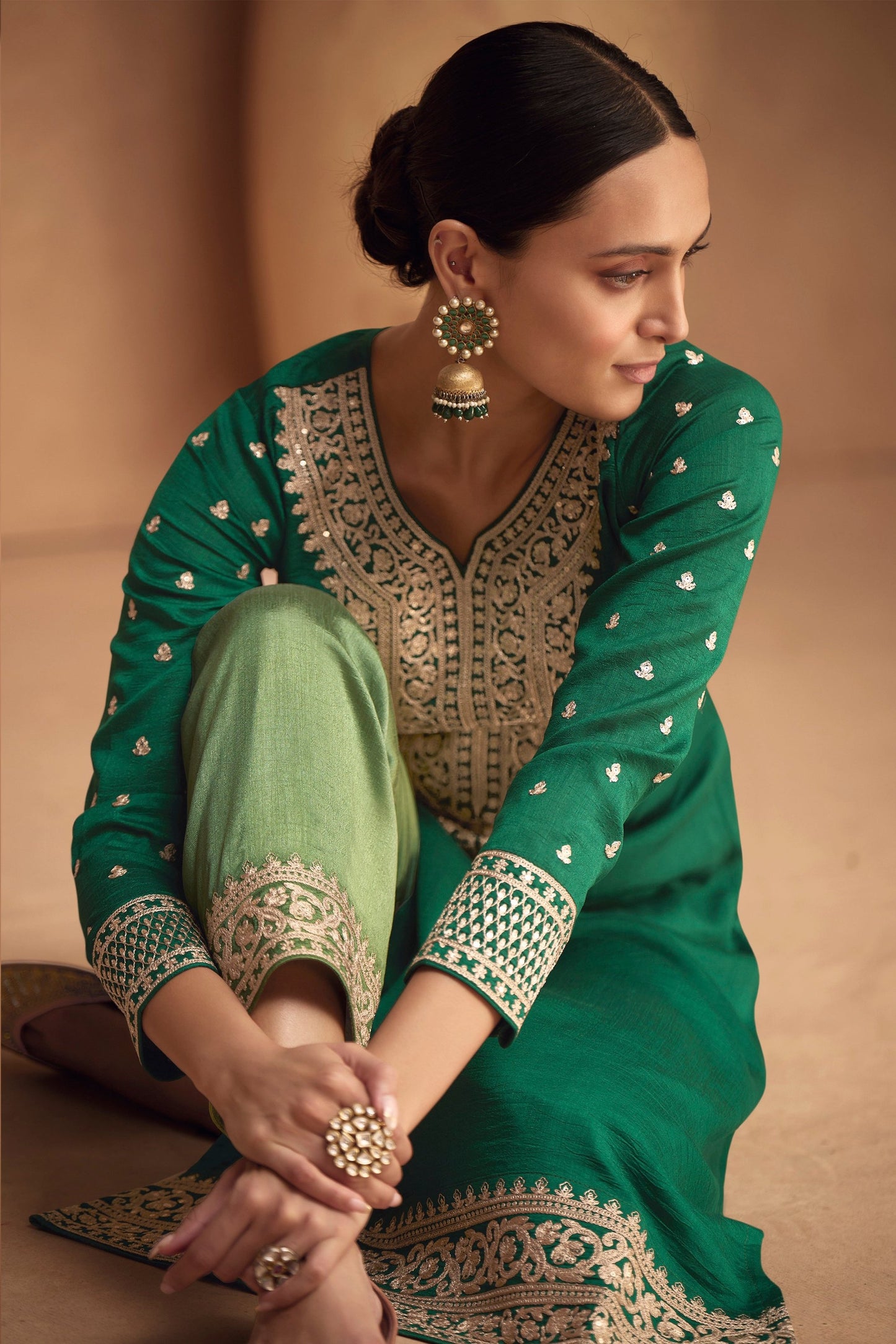 Green Color Silk Fabric Salwar Suits Indian Ethnic Wear Gorgeous Kameez Pant Dresses