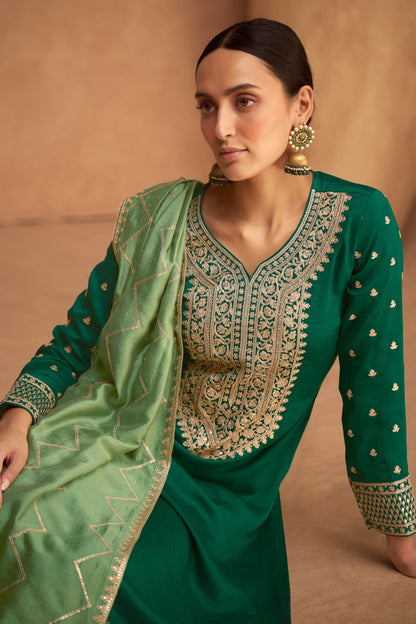 Green Color Silk Fabric Salwar Suits Indian Ethnic Wear Gorgeous Kameez Pant Dresses