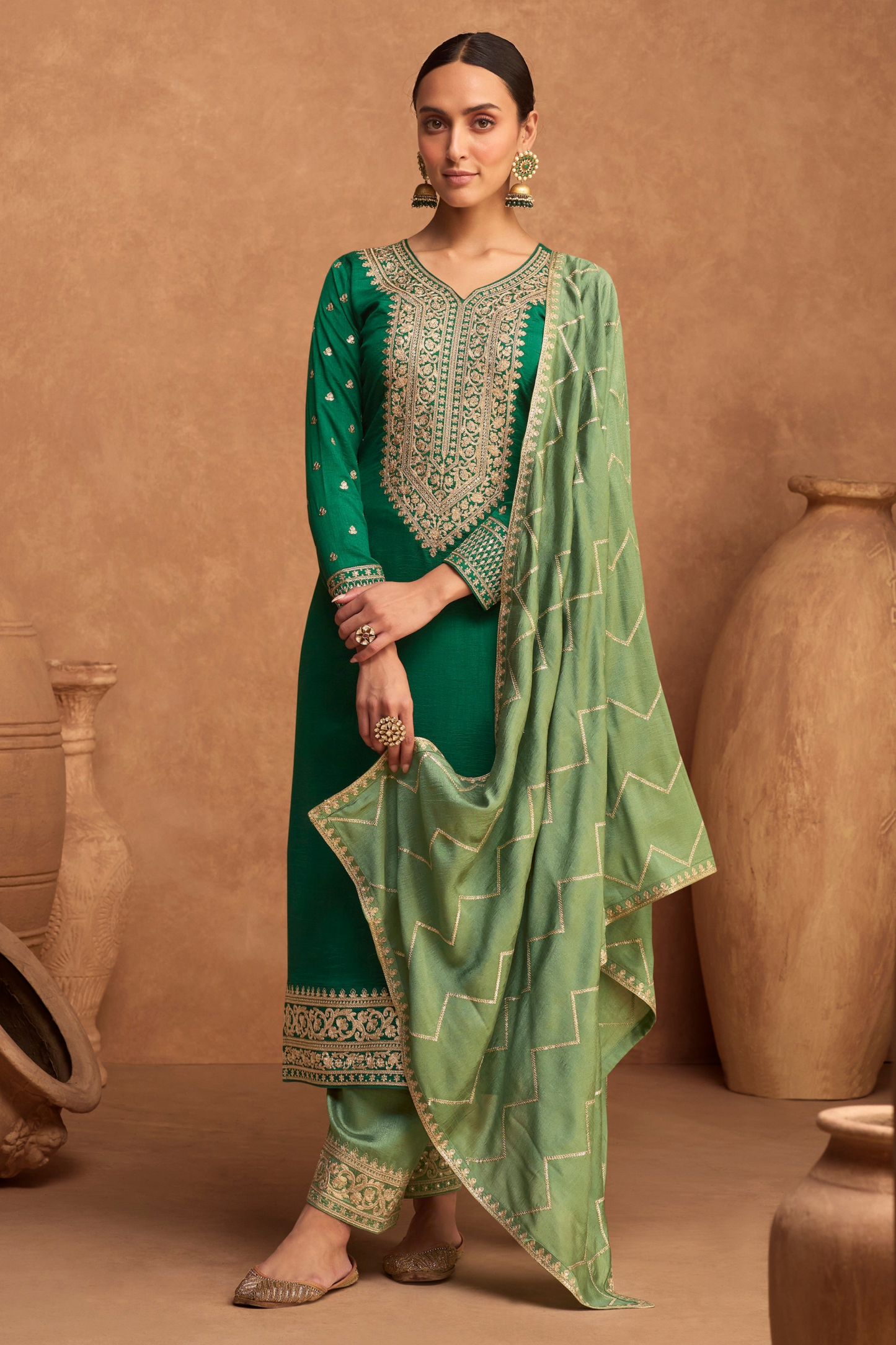 Green Color Silk Fabric Salwar Suits Indian Ethnic Wear Gorgeous Kameez Pant Dresses