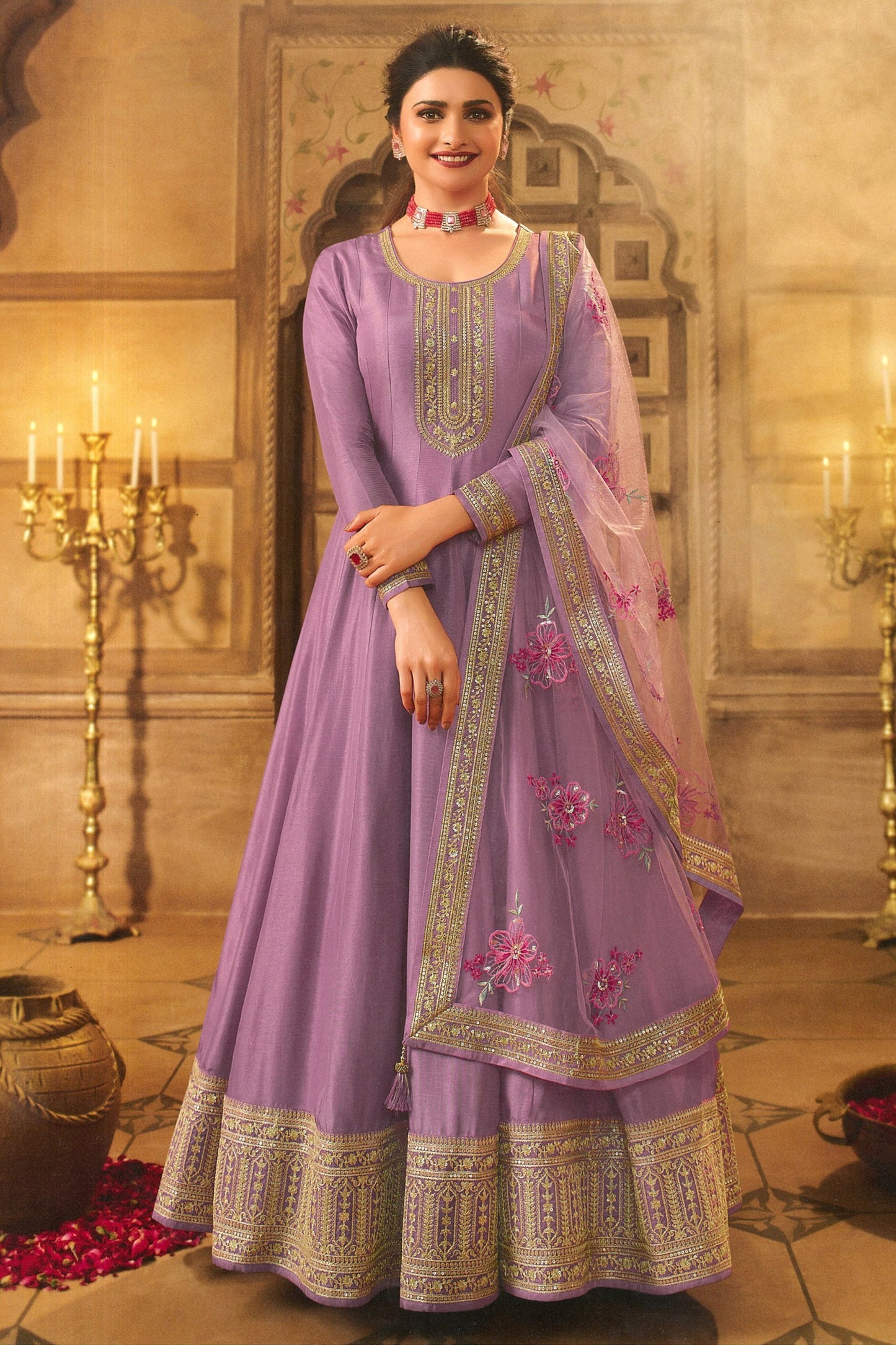 Bollywood Style Party Wear Anarkali Gown Purple Color Full Flared Anarkali Long Gown