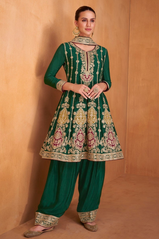 Green Color Heavy Embroidery Worked Stitched Salwar Kameez Palazzo Dupatta Suit's