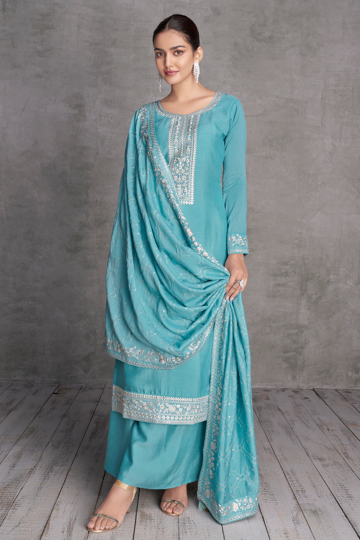 Beautiful Indian Designer Salwar Kameez Plazzo Suits Thread Embroidery Worked Dupatta