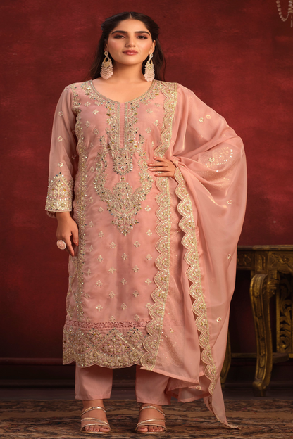 Beautiful Women's Wedding Wear Stitched Peach Color Heavy Worked Salwar Kameez Dupatta Dresses