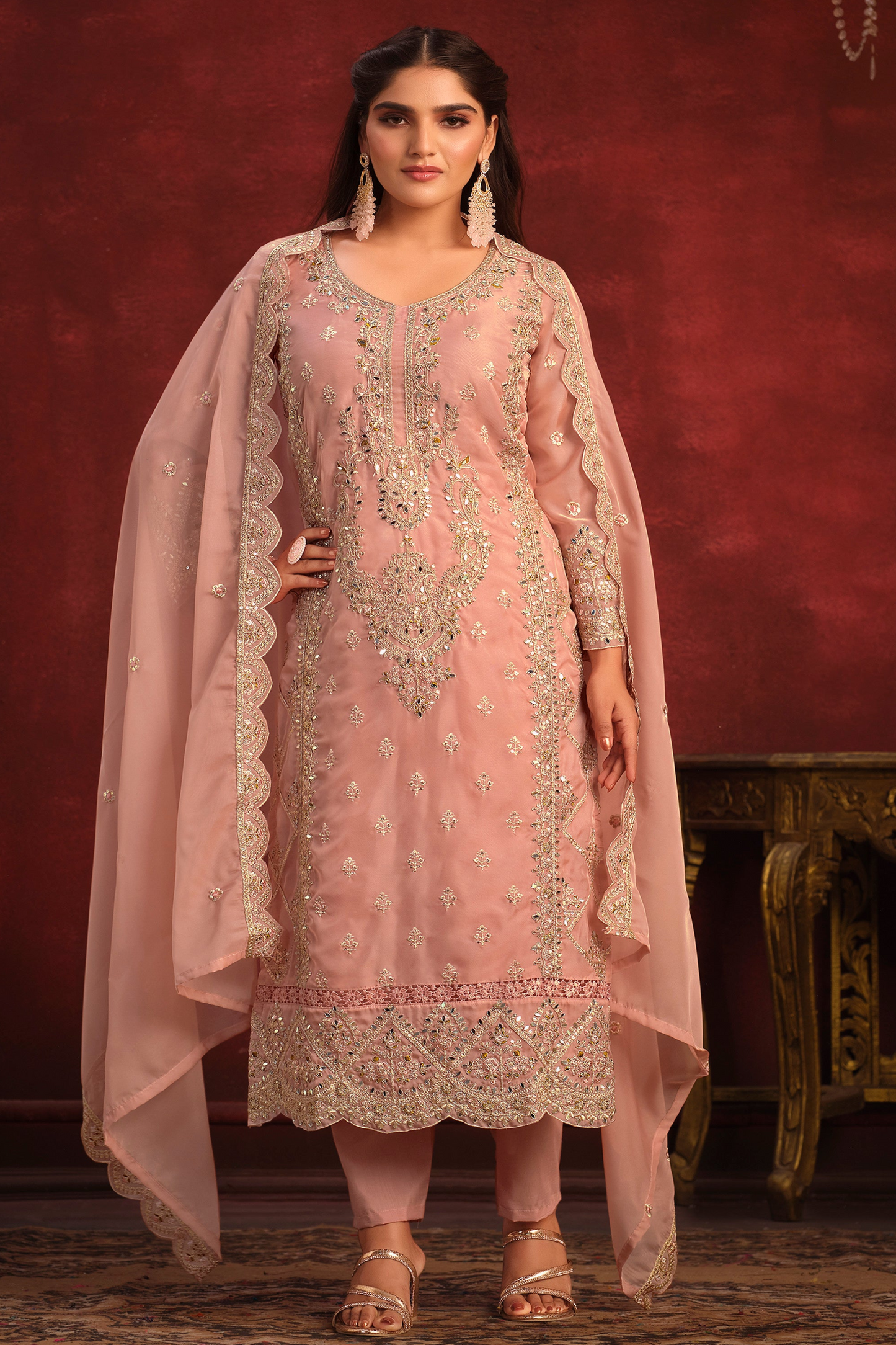 Beautiful Women's Wedding Wear Stitched Peach Color Heavy Worked Salwar Kameez Dupatta Dresses