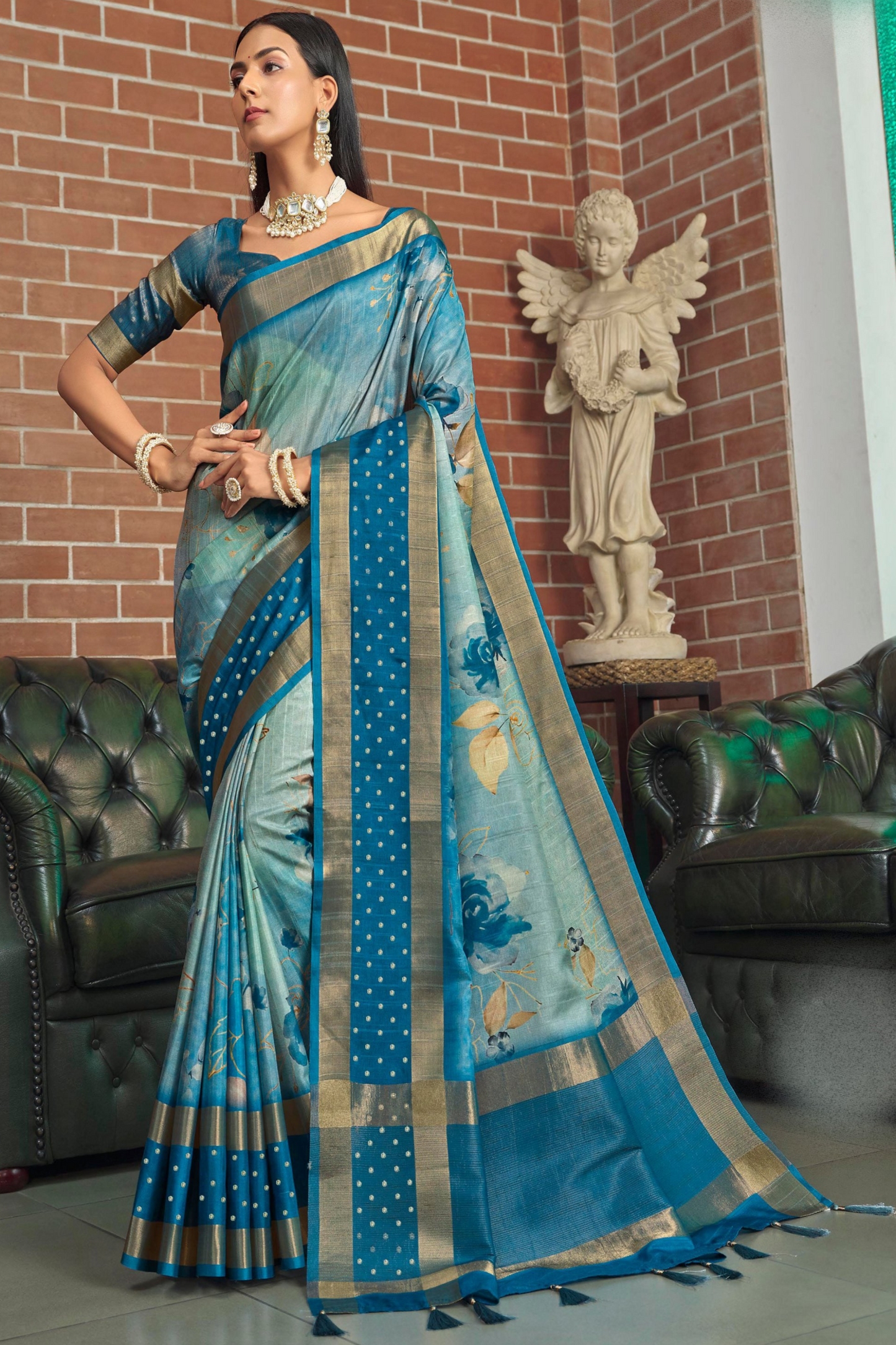 Women's Wear Beautiful Printed Work Reception Party Silk Saree With Stitched Blouse