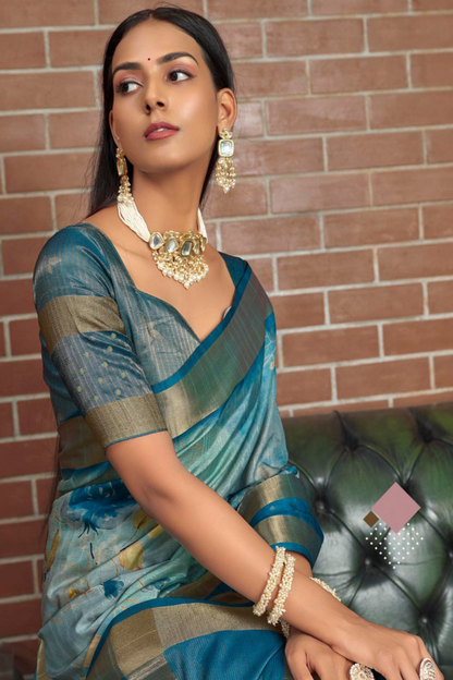 Women's Wear Beautiful Printed Work Reception Party Silk Saree With Stitched Blouse