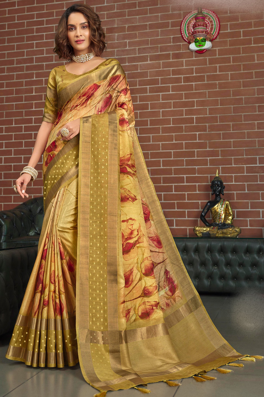 Yellow Color Silk Plain Wedding Reception Function Party wear With Stitched Blouse Saree