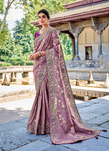 Faded Purple Gadwal Silk Saree with Magenta Blouse for Events