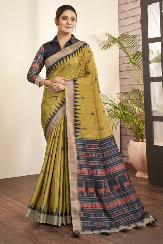 Yellow Color Ethnic Party Wear Fancy Gaji Silk Hand Worked Saree With Stitched Blouse