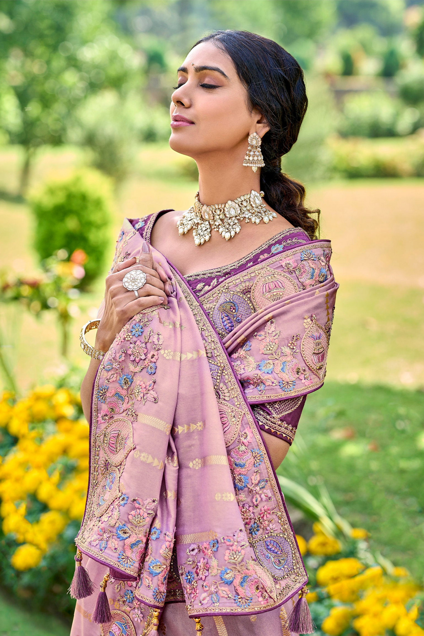 Oriental Pink Gadwal Silk Saree with Embroidery for Party & Reception