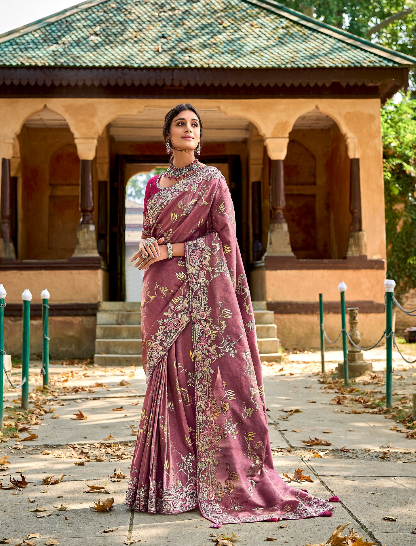 Dusty Rose Gadwal Silk Saree with Elegant Embroidery for Wedding Day
