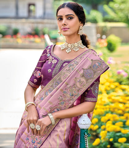 Oriental Pink Gadwal Silk Saree with Embroidery for Party & Reception