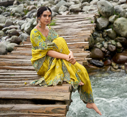 yellow Gadwal Saree with Lemon Silk Blouse for Wedding & Sangeet