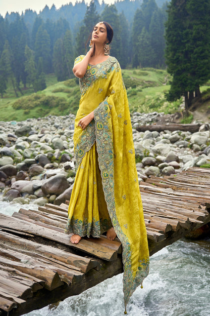 yellow Gadwal Saree with Lemon Silk Blouse for Wedding & Sangeet