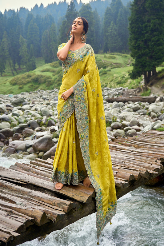 yellow Gadwal Saree with Lemon Silk Blouse for Wedding & Sangeet