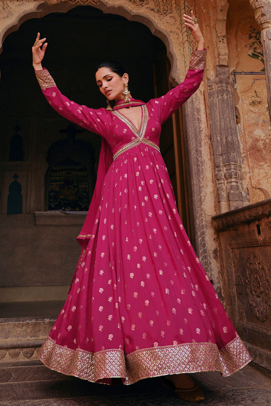 Traditional Wear Anarkali Gown Full Embroidery Worked Jacquard Silk Anarkali Gown Suits