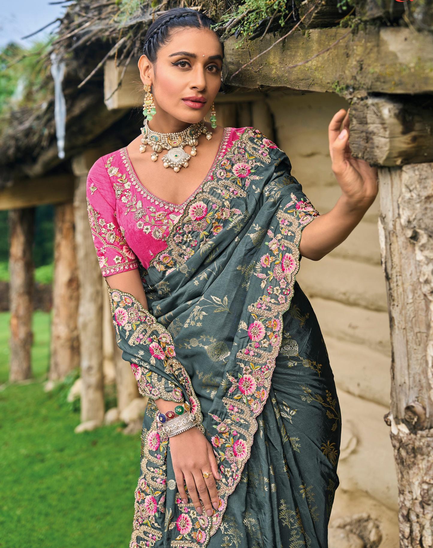 Stunning grey dola silk saree with embroidery—ideal for weddings.