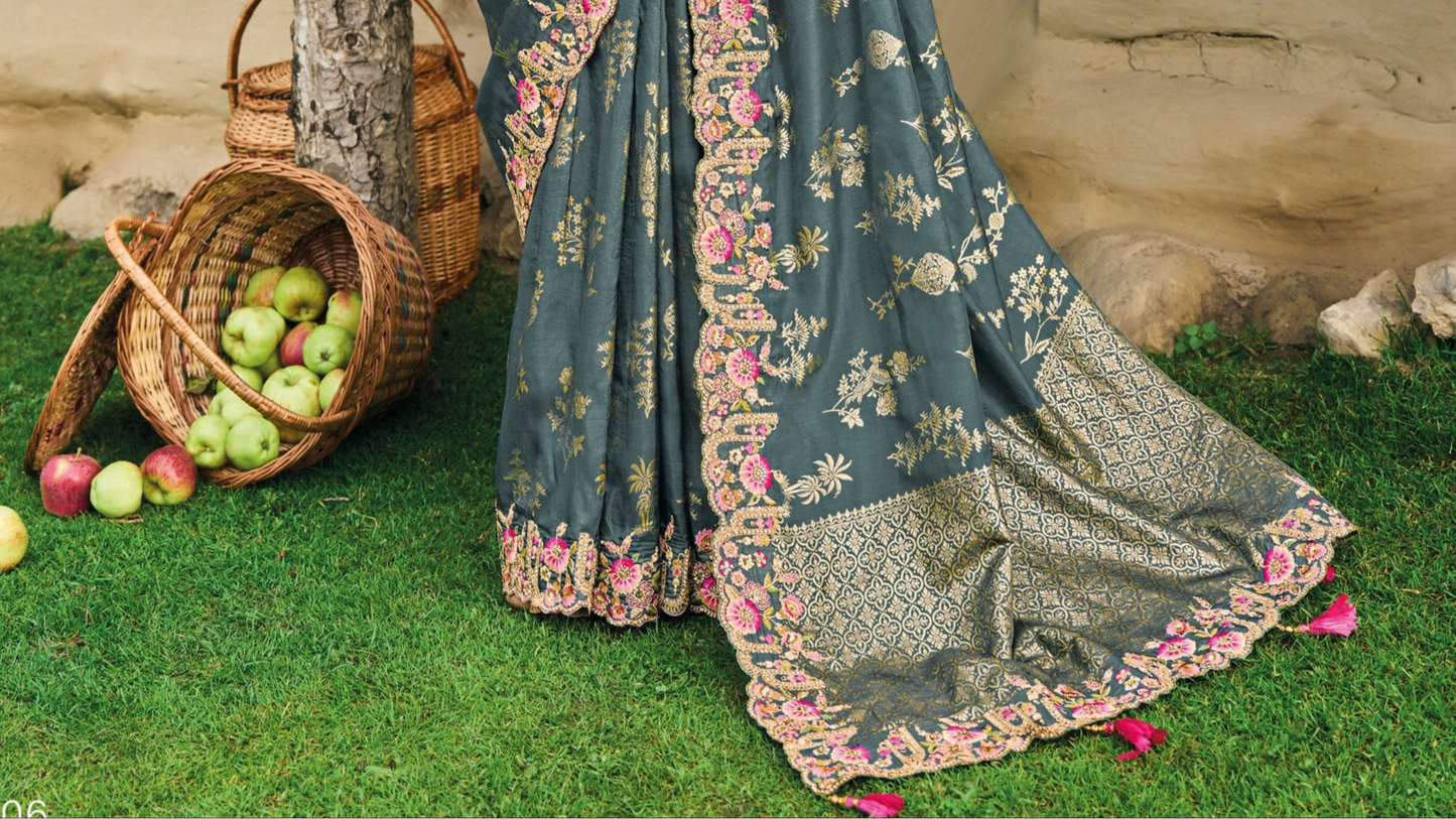 Stunning grey dola silk saree with embroidery—ideal for weddings.