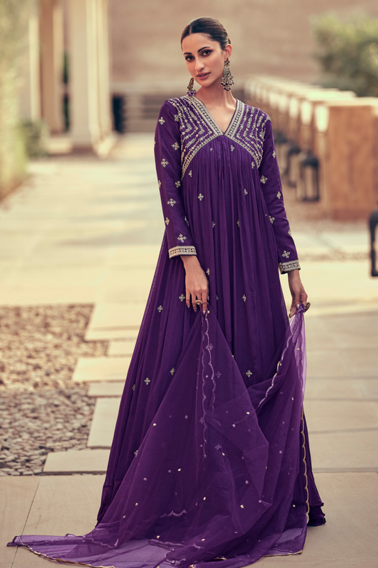 Women's Wedding Purple Color Stitched Full Embroidery Work Anarkali Dupatta Gown Suit