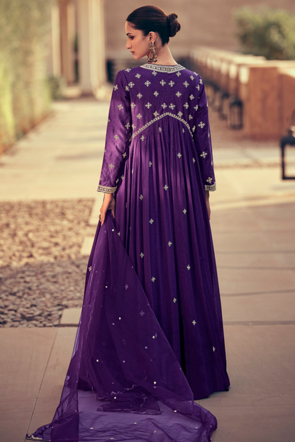 Women's Wedding Purple Color Stitched Full Embroidery Work Anarkali Dupatta Gown Suit