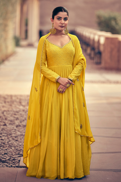 Yellow Color Stylish Embroidery Worked Full Length Floor Touch Anarkali Stitched Gown