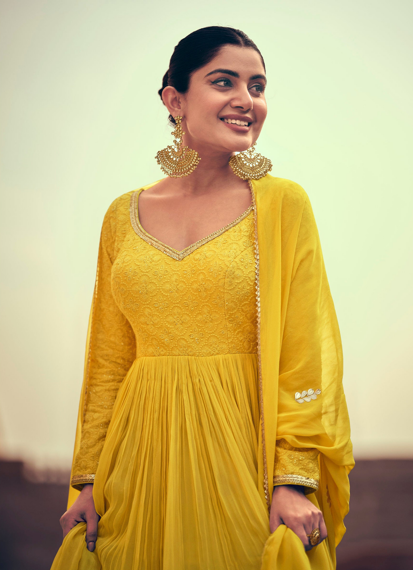 Yellow Color Stylish Embroidery Worked Full Length Floor Touch Anarkali Stitched Gown