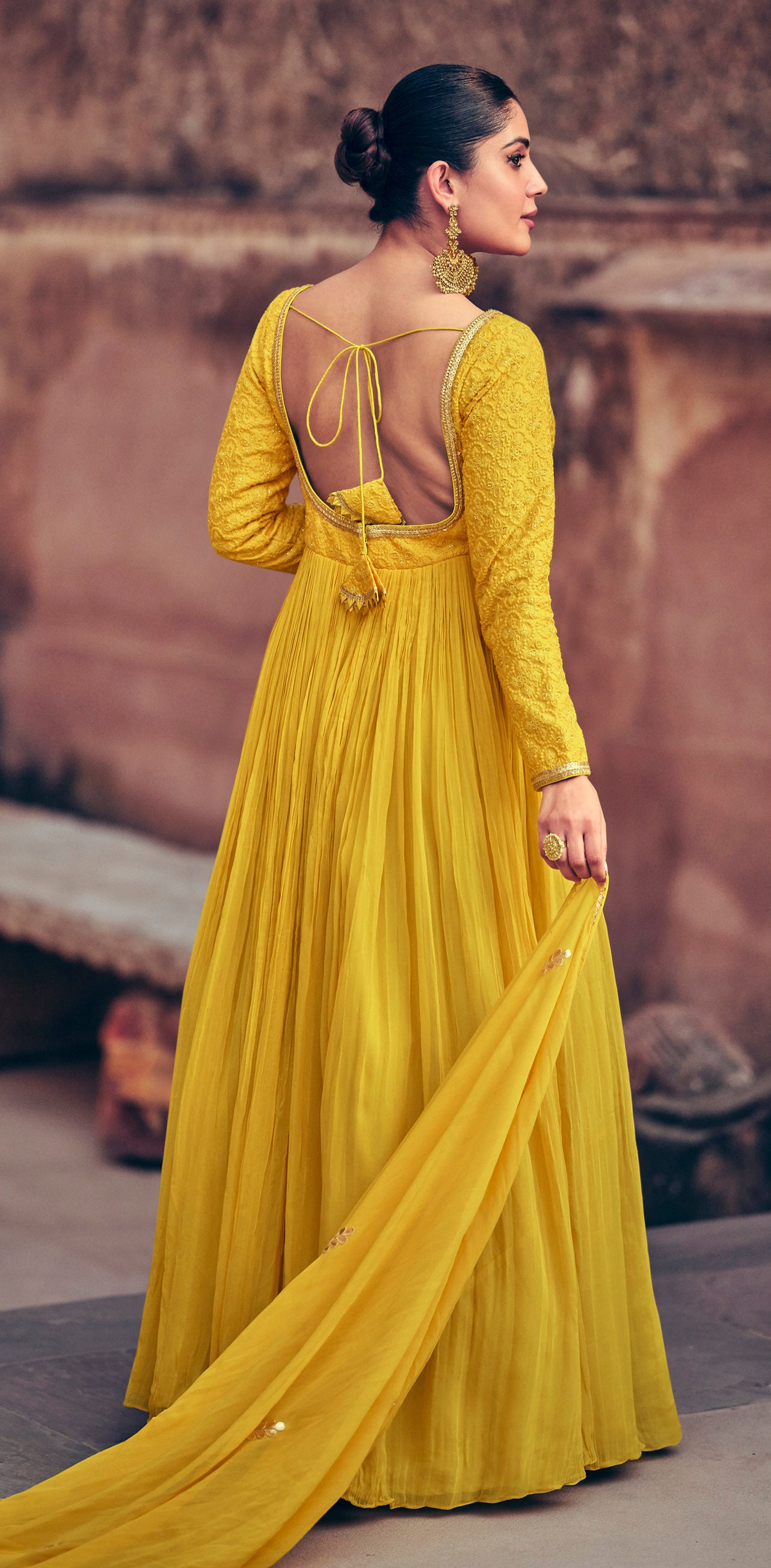 Yellow Color Stylish Embroidery Worked Full Length Floor Touch Anarkali Stitched Gown