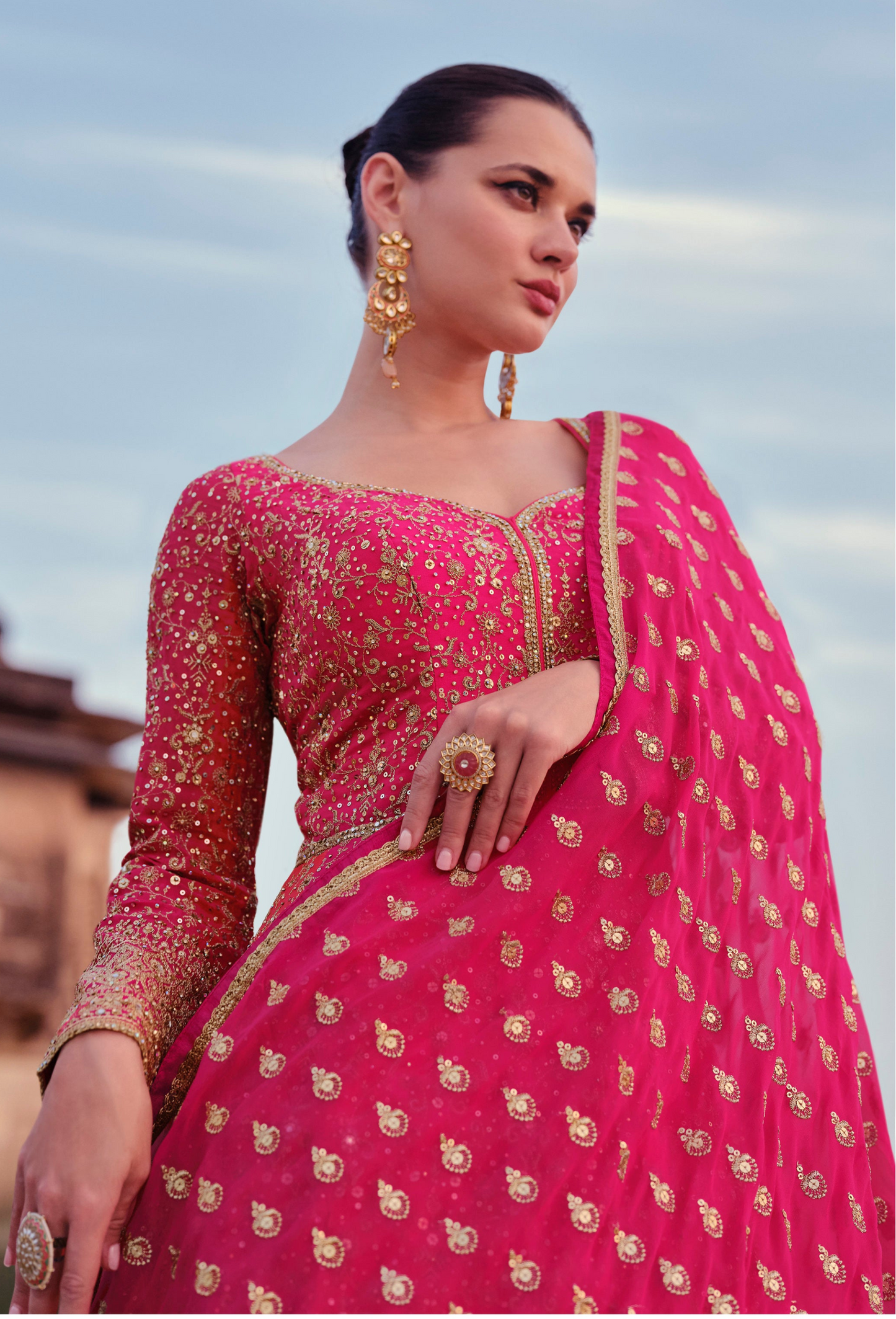 Pink Georgette Floor Full Length Anarkali Gown For Indian Festivals & Pakistani Weddings - Embroidery Work