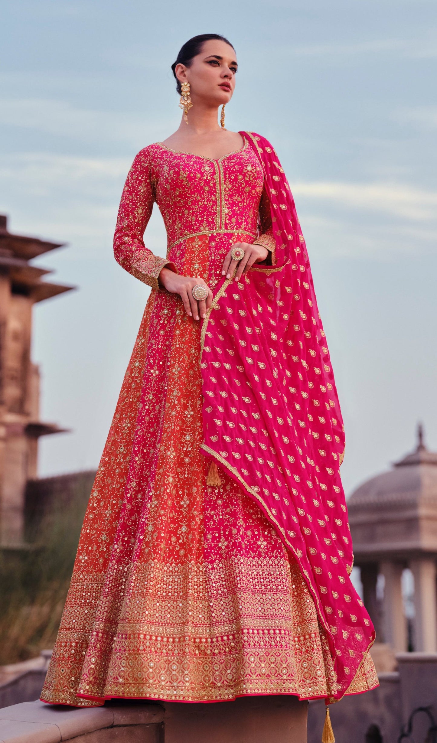 Pink Georgette Floor Full Length Anarkali Gown For Indian Festivals & Pakistani Weddings - Embroidery Work