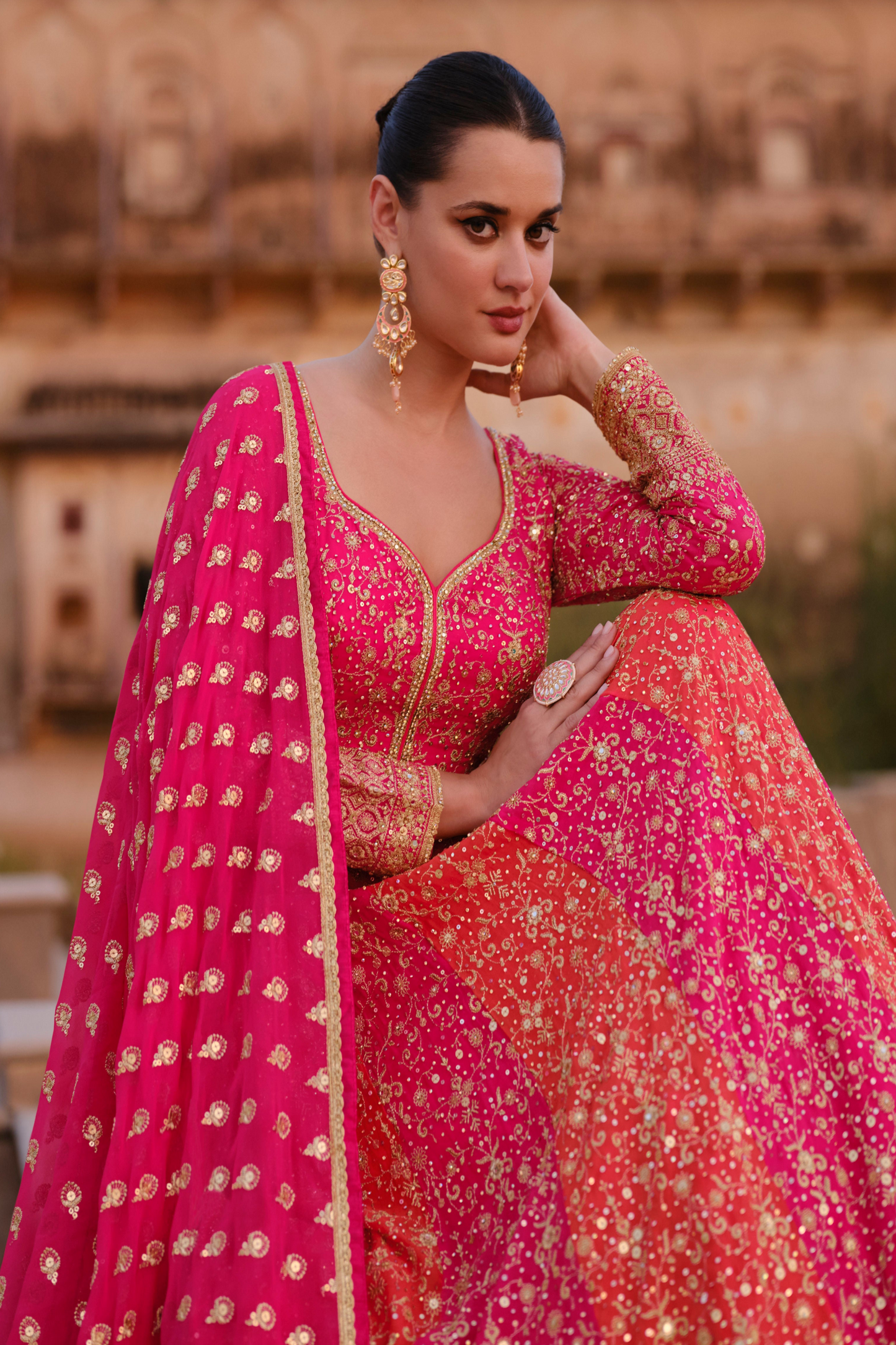 Pink Georgette Floor Full Length Anarkali Gown For Indian Festivals & Pakistani Weddings - Embroidery Work