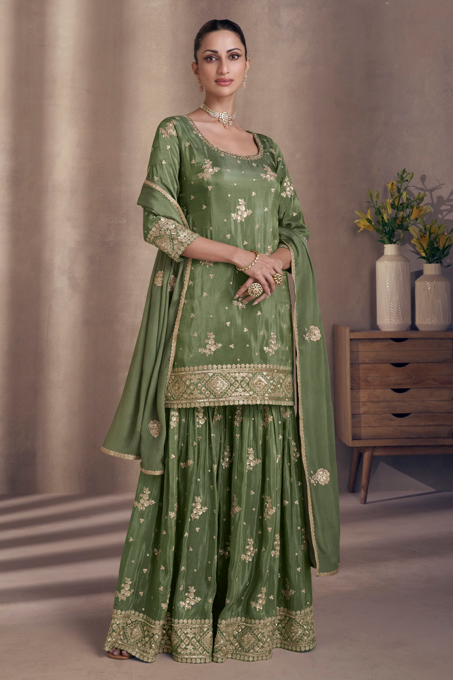 Mehendi Function Wear Green Color Beautiful Salwar Kameez Sharara Outfits