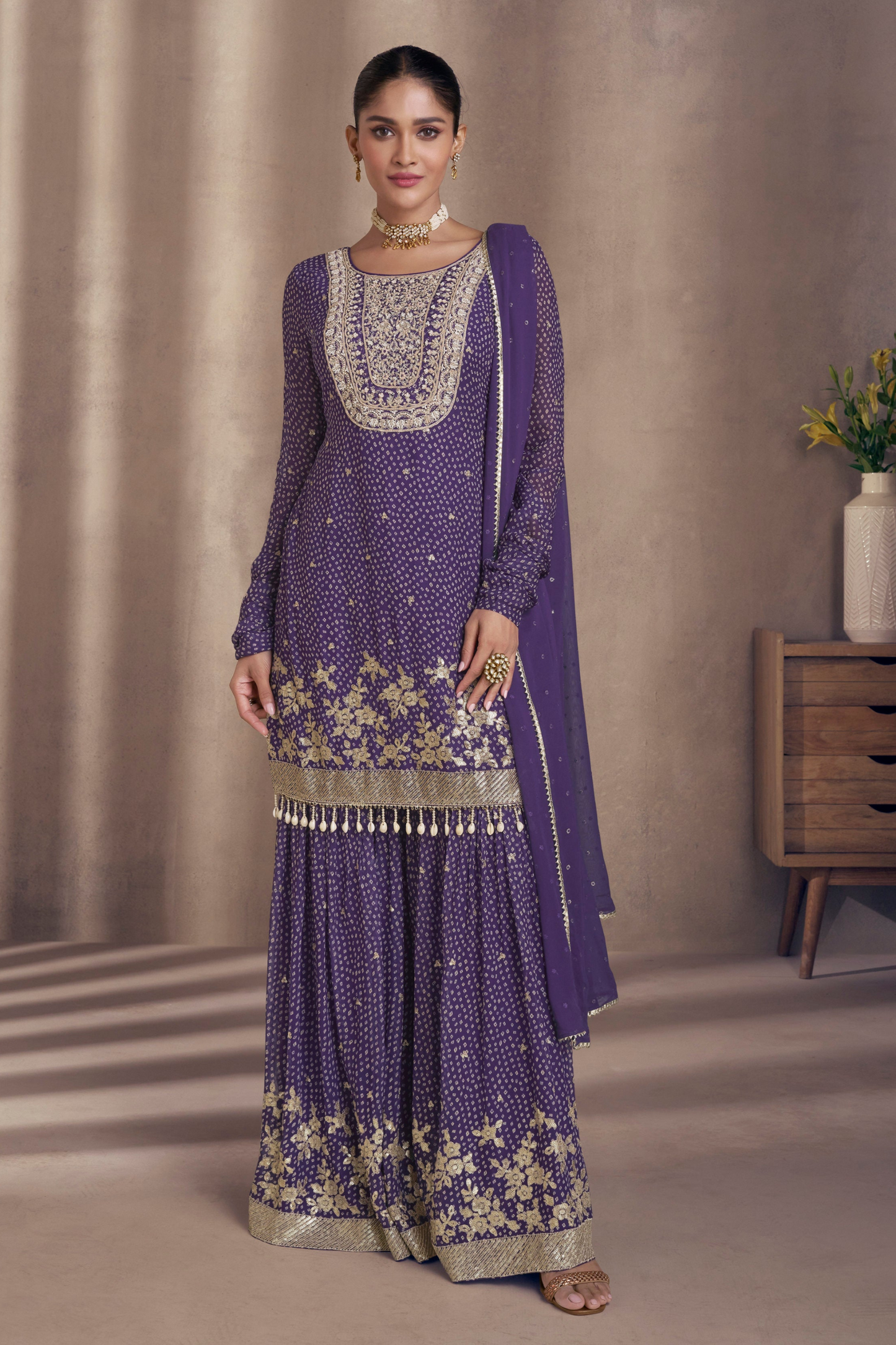 Royal Purple Salwar Kameez Suits Embroidery and Sequins Worked Sharara Dresses