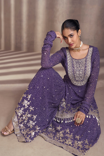 Royal Purple Salwar Kameez Suits Embroidery and Sequins Worked Sharara Dresses