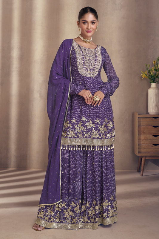 Royal Purple Salwar Kameez Suits Embroidery and Sequins Worked Sharara Dresses