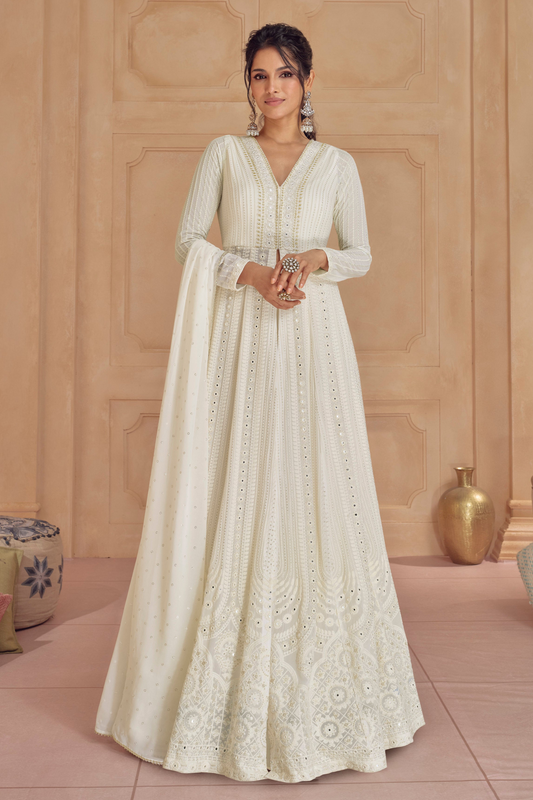 White Color Anarkali Plazzo Suits Eid-Ramadan Special Women's Anarkali Gown