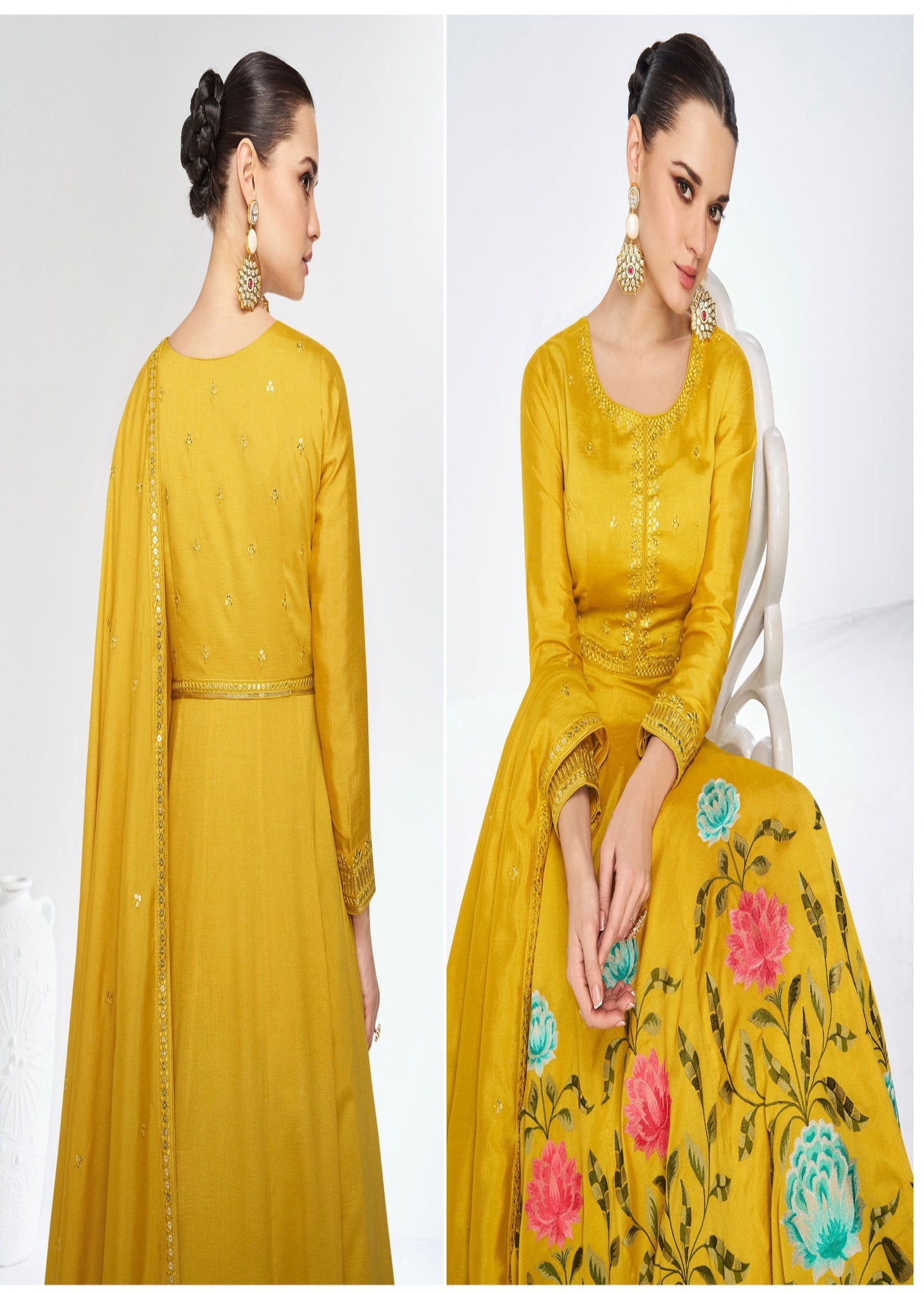 Designer Stylish Fancy Yellow Beautiful Party Wear & Ethnic Wear Collection Premium Silk Gowns With Bottom