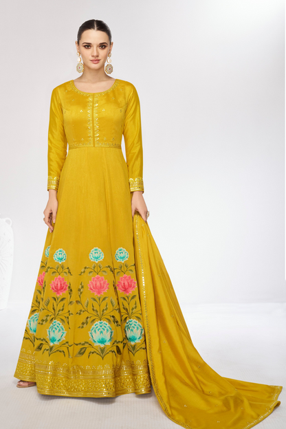 Designer Stylish Fancy Yellow Beautiful Party Wear & Ethnic Wear Collection Premium Silk Gowns With Bottom