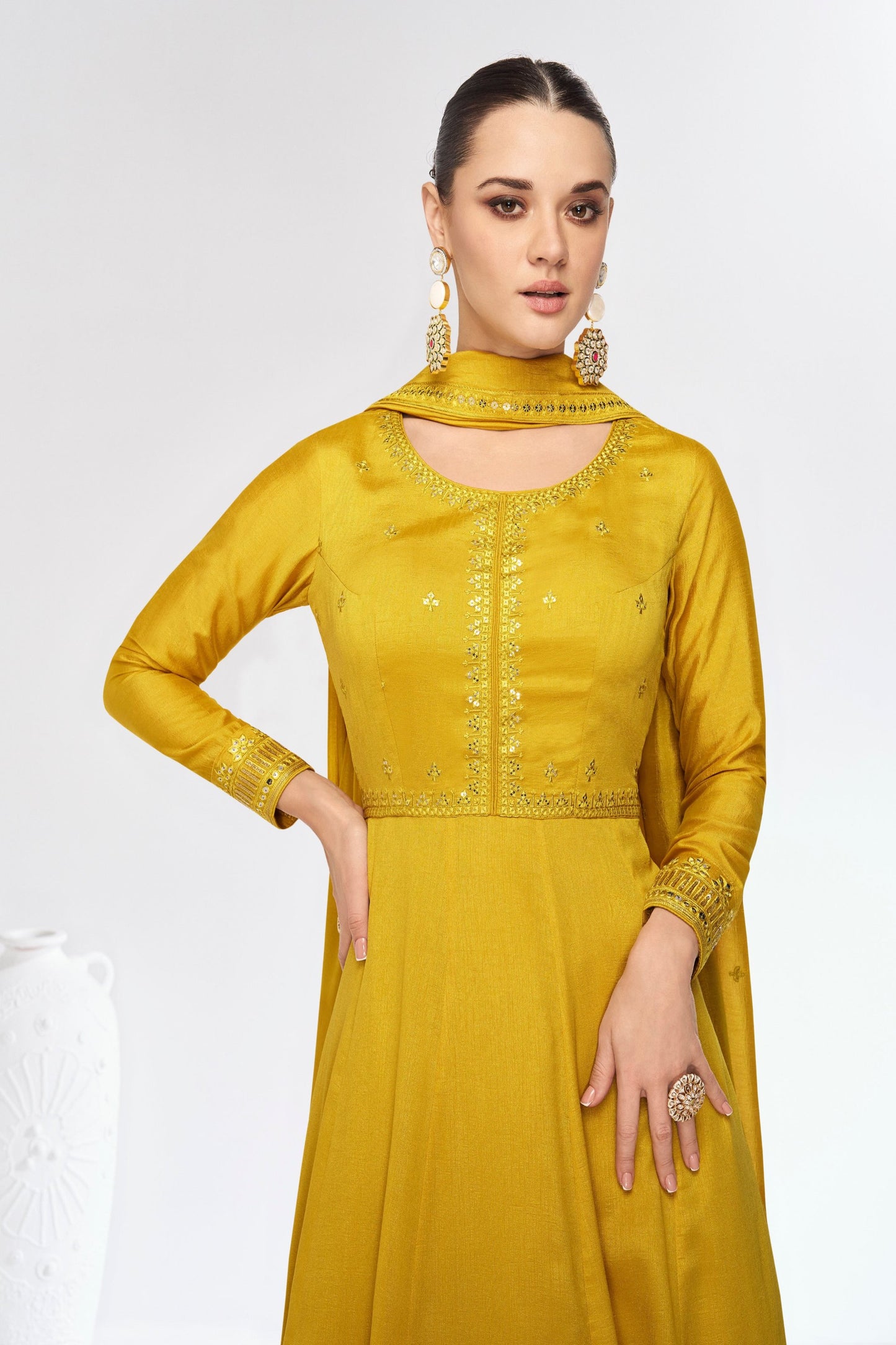 Designer Stylish Fancy Yellow Beautiful Party Wear & Ethnic Wear Collection Premium Silk Gowns With Bottom