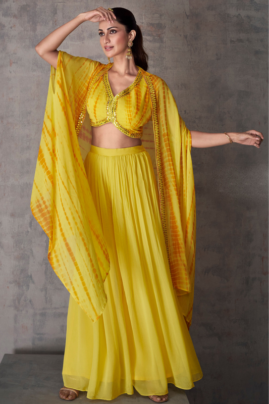 Yellow Color Jacquard Silk, Real Georgette Readymade Party Wear Palazzo Suits