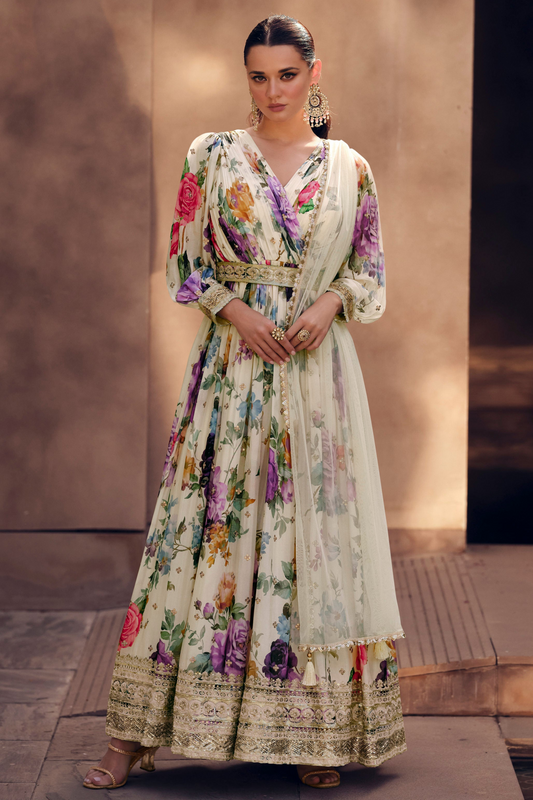 Ready to Wear Floor Touch Pakistani Designer Flower Printed Anarkali Dupatta Gown Suit