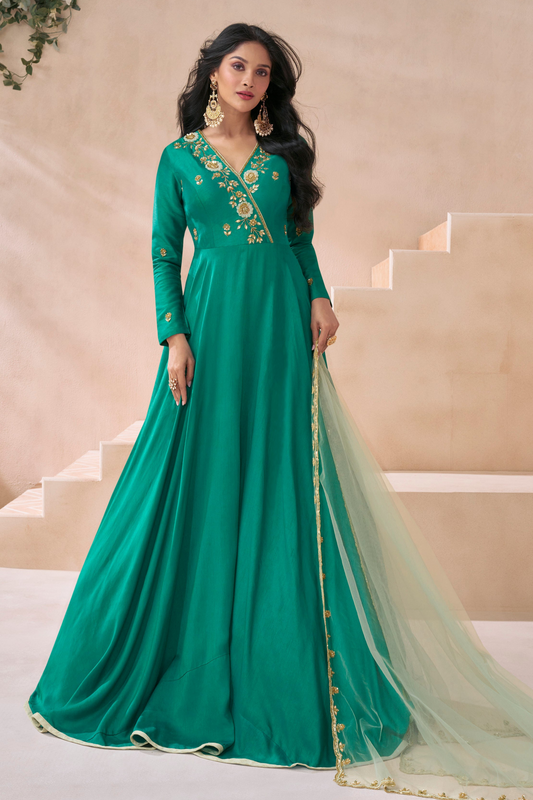 Mehendi Function Wear Long Flared Anarkali Gown Indian Pakistani Embroidery Worked Suits