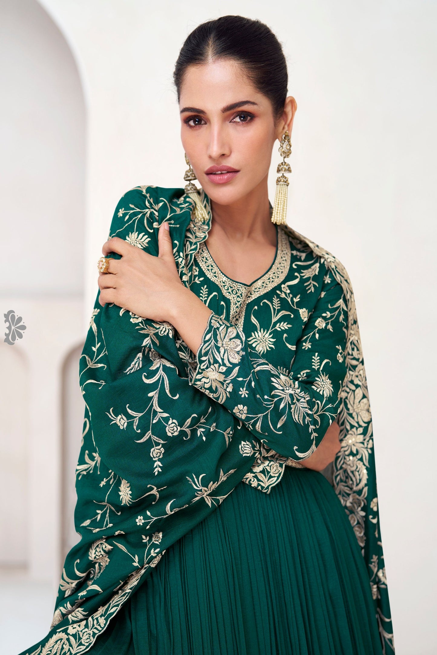 Roka Nikah Wear Anarkali Gown Suits Ready to Wear Stylish Green Color Gown