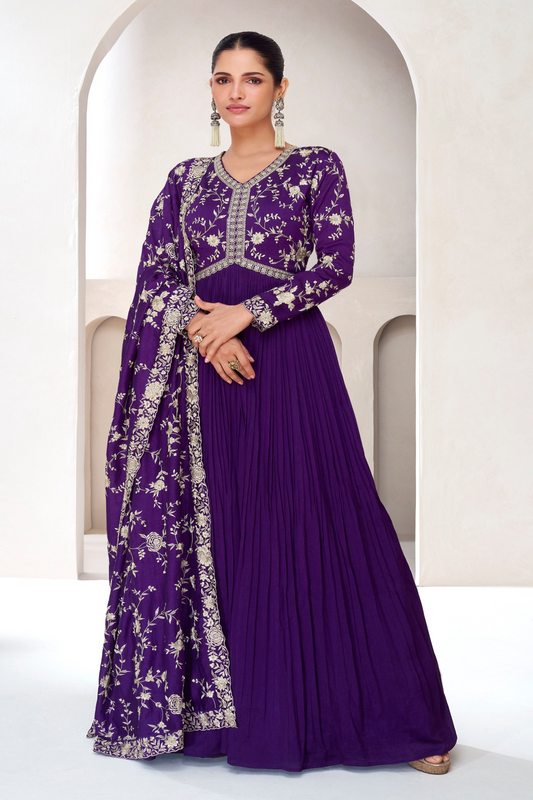 Indian Pakistani Purple Color Anarkali Gown Silk Fabric Festivals Wear Flared Gown