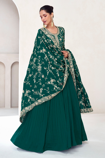 Roka Nikah Wear Anarkali Gown Suits Ready to Wear Stylish Green Color Gown