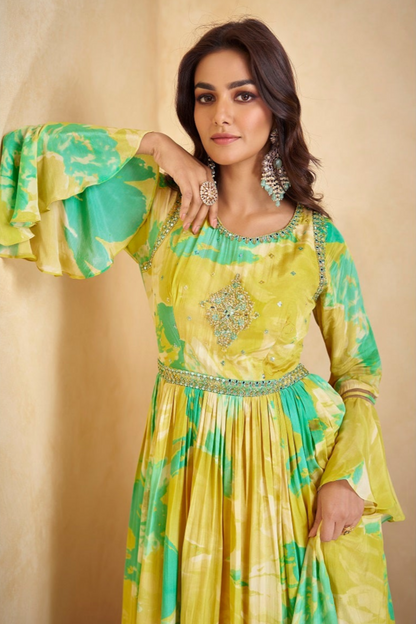 Yellow Color Chinon Silk Short Length Flower Printed Anarkali Dupatta Gown Suit